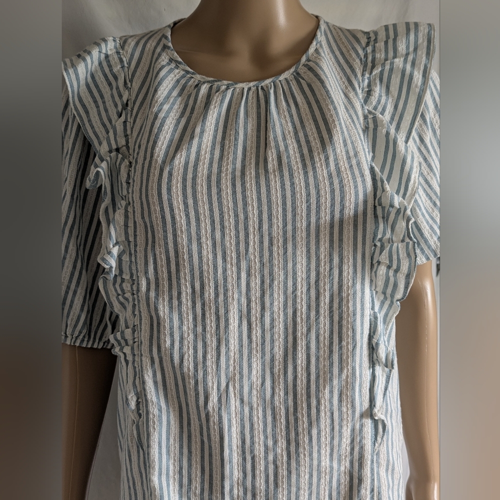 Universal Thread New Ruffled Blouse Balloon Sleeves Blue White Stripe Lace S
